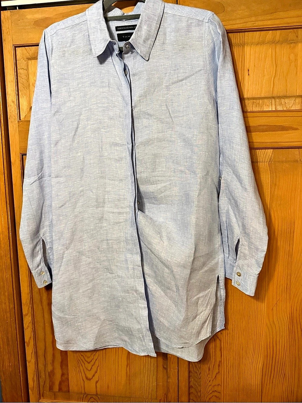 Tahari Essentials 100% Linen Long Sleeve Button Down Tunic Top Striped Button